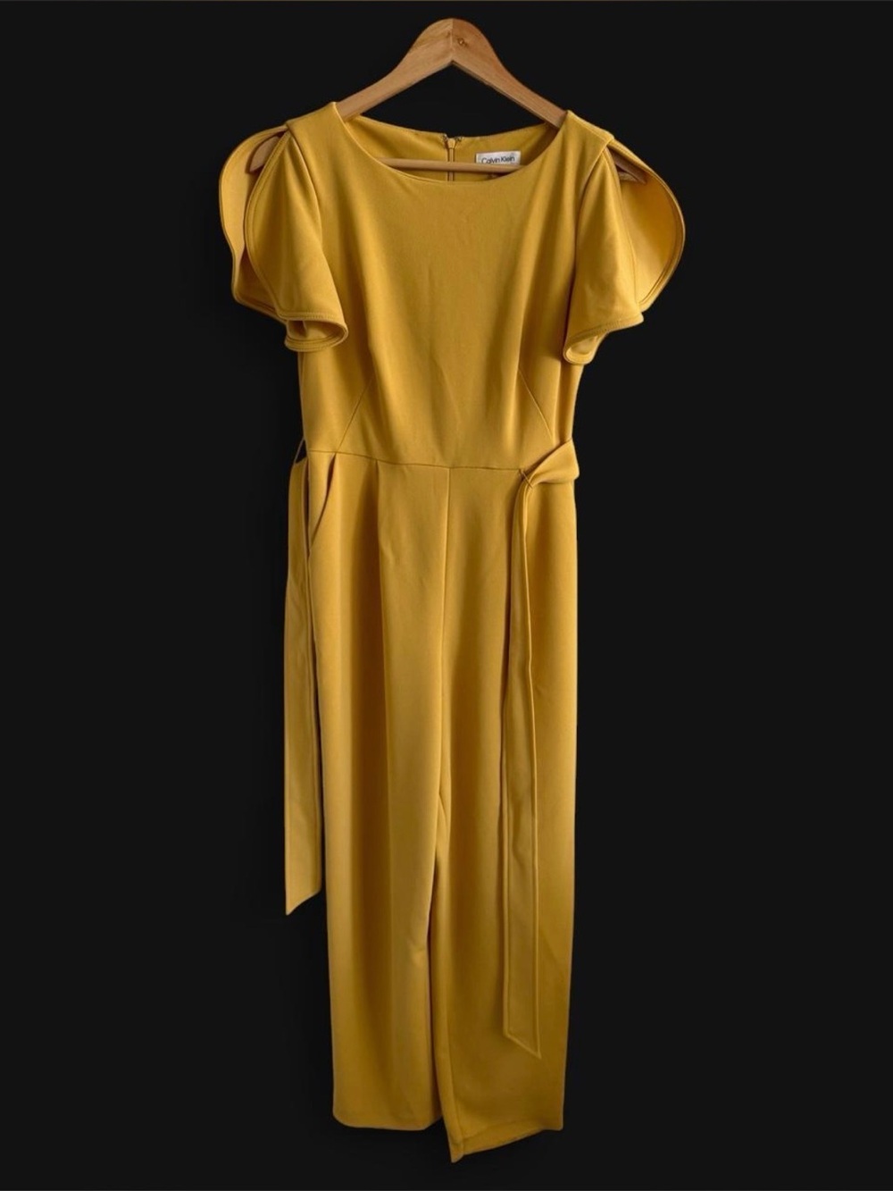 Calvin Klein Mustard Short-Sleeve Jumpsuit with Waist Tie